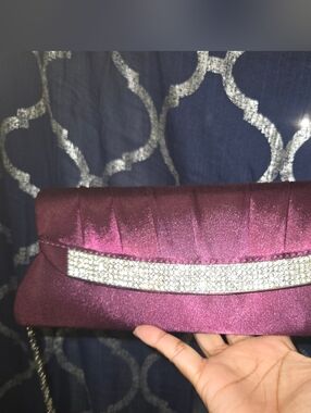 Satin Plum Wine Color  Evening Clutch with Crystal Accent
